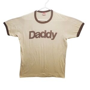 Vtg Stanfields 70s Daddy Spellout Ringer Tee T-Shirt M Single Stitch Tan Brown